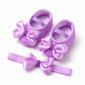 Newborn Purple Bow Cut Shoes with Headband Set | Baby Girls Princess Shoes | Toddler Baby Soft Prewalker Princess Shoes | RT Shoes | Girls Party Shoes | Newborn Party Shoes | Cute Girls Anti-slip Lovely Flat Shoes